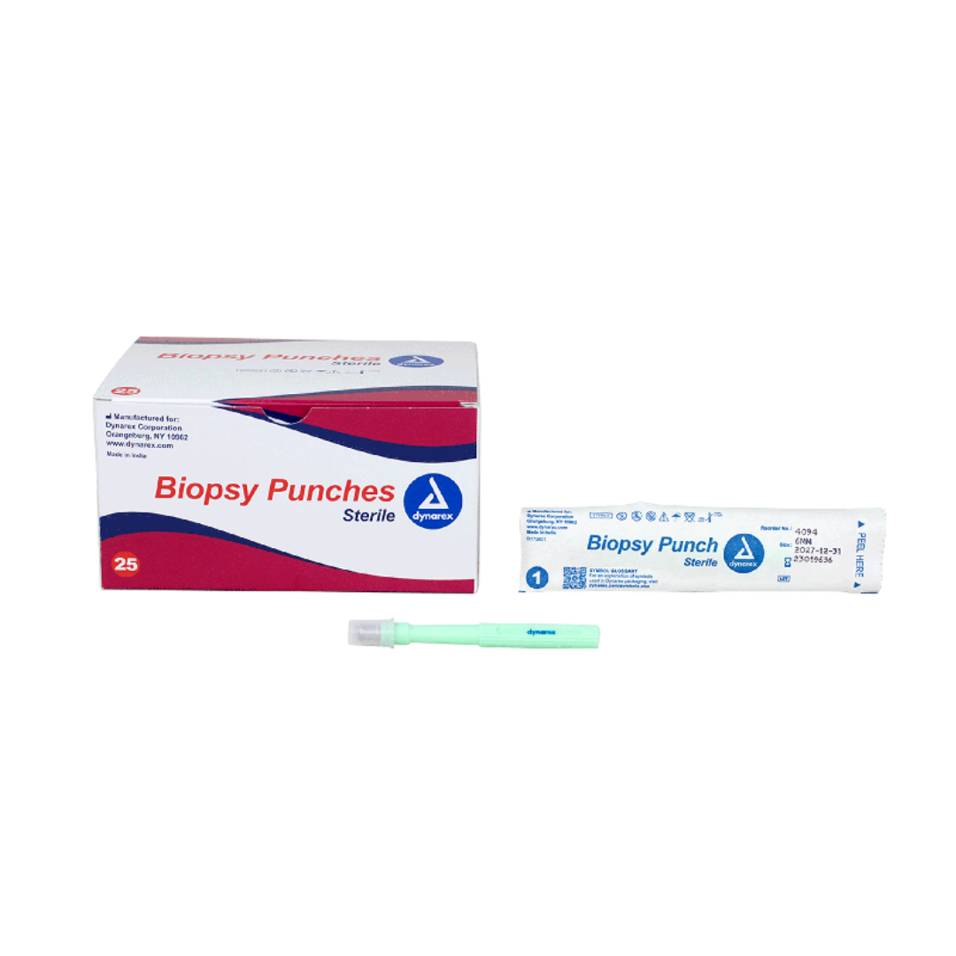 A box of Dynarex Sterile Biopsy Punches, a single wrapped punch, and an unwrapped green-handled biopsy punch—vital sterile medical tools—are shown on a white background.